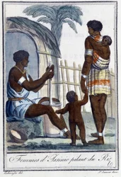 Women of Issinie pounding rice - in Encyclopedia of Travels by Grasset St Sauveur, ed. 1796