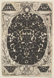 Oval Pendant Decorated with Schweifwerk, Surrounded by Smaller Motifs and Crowned