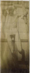 Study of a male nude model, hanging in a wooden structure, in the studio of Jacques de Lalaing