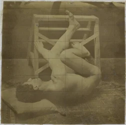 Study of a Male Nude Model, Lying with Legs Raised Against a Step, in the Studio of Jacques de Lalaing