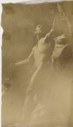 Study of a male nude model with hand in a structure, seen from below, in the studio of Jacques de Lalaing