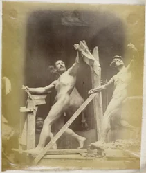 Study of a Male Nude Model with Hand on a Structure, Seen from the Side and Next to a Plaster Model in the Same Pose, in the Studio of Jacques de Lalaing