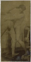 Study of a male nude model, standing and wrestling with mannequin, in the studio of Jacques de Lalaing, possibly preliminary study for the painting The Wrestlers