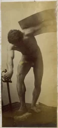 Study of a male nude model, standing bent with sword and shield in hands, in the studio of Jacques de Lalaing