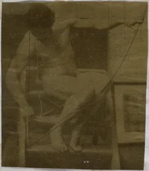 Study of a Male Nude Model, Sitting on a Step, Seen from the Front with Rope and Bow on Lap, in the Studio of Jacques de Lalaing