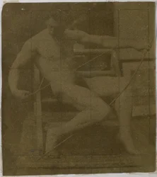 Study of a Male Nude Model, Sitting on a Step, Seen from the Front with Rope and Bow on Lap, in the Studio of Jacques de Lalaing