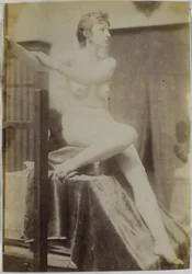 Study of a Female Nude Model, Sitting on a Podium Next to an Easel and Seen from the Front, in the Studio of Jacques de Lalaing, Preliminary Study for the Fernand Scribe Tomb Monument in the Cemetery of Ghent