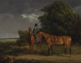 A Groom Mounted on a Chestnut Hunter, He Holds a Bay Hunter by the Reins