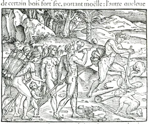 Native American Making Fire After Hunting (engraved by Theodor de Bry)