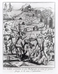 The Indians Attacking the Priests and Others and Setting Fire to Their Houses, engraving from 