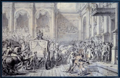 The arrival of the carriage of Emperor Napoleon I (1769-1821) at the Hotel de Ville de Paris on 16/12/1804 on the occasion of his government. Drawing by Jacques Louis David (1804)