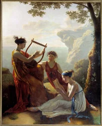 Greek Poet Sappho Playing Lyre with Two Companions