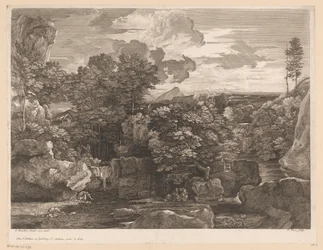 River Landscape with Cascades and Some Monks