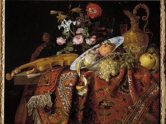 Still life with violin and aquamarine. Painting by Jacques Samuel Bernard (1615-1687)