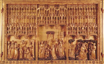 Altarpiece of Saints and Martyrs, central panel the beheading of St. John the Baptist, the Martyrdom of St. Catherine of Alexandria and St. Barbara and the Temptation of St. Anthony, c.1391