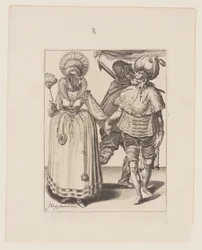 Man with a Turban Leading a Woman Wearing Peacock Feathers, with a Torchbearer, from The Masquerades