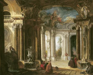 The interior of a Baroque palace with elegant company conversing by fountains