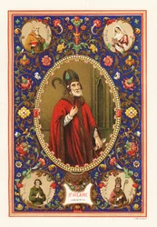 Portrait of Saint Hilary, Bishop of Poitiers, with Mitre and Crook, within Decorative Border of Foliage