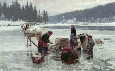 Women Doing Laundry Through a Hole in the Ice