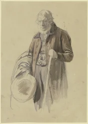 Bearded Man with Hat Removed and Coat Over Arm, Holding a Staff in Left Hand