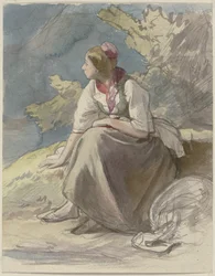 Peasant Girl Sitting to the Left on a Grass Bench