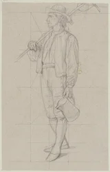 Walking Farmer with Shouldered Rake and a Can in the Left Hand