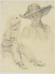 Study Sheet: Seated Boy in Lost Profile and Bust of a Young Woman with Hat