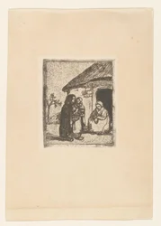 Two women and child in front of a house