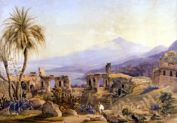 Taormina in Sicily: the ruins and Etna. Painting by Jacob Suter, about 1850.