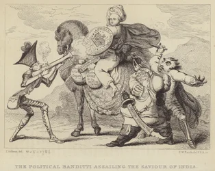 The Political Banditti Assailing the Saviour of India: Warren Hastings, Former Governor of Bengal, Under Attack from Politicians Edmund Burke, Charles James Fox and Lord North