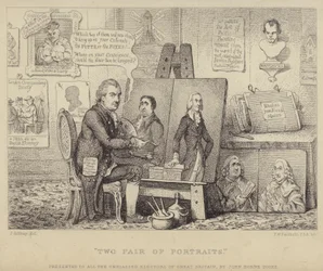 Two Pair of Portraits: anti-Whig cartoon depicting John Henry Tooke with portraits of Charles James Fox personifying vice and William Pitt the Younger representing virtue