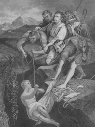 Joseph cast into the Pit, Genesis 37, Verse 3-25 (engraving)