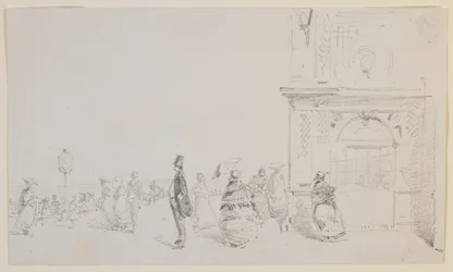 A group of figures on an esplanade