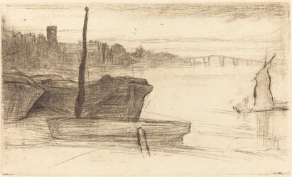 Chelsea Bridge and Church, c. 1870-1871