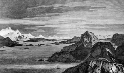 View of Christmas Sound, Tierra del Fuego, drawing by William Hodges, engraving by William Watts, illustration from Voyage towards South Pole, and Round World, by James Cook