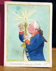 A Connoisseur examining a Cooper, George III fearing a new revolution, peers at a portrait of Cromwell, pub. by Hannah Humphrey