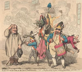 Alecto and Her Train, at the Gate of Pandemonium; or The Recruiting Sergeant Enlisting John Bull into the Revolution Service