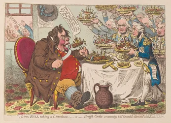 John Bull taking Luncheon or British Cooks cramming Old Grumble Gizzard with Bonne Chere