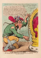 The Rights of Man, or Tom Paine, the Little American Tailor taking the measure of the Crown for a new Pair of Revolution Breeches