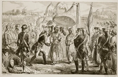 The meeting of Lord Clive with Meer Jaffier, after the Battle of Plassey, engraved by Thomas Williams