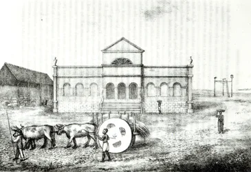 The Rio Exchange, a Public Trapiche, a Grass Wagon and the Gallows, illustration from 