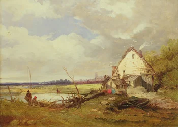 Anglers by a Cottage on a River Bank