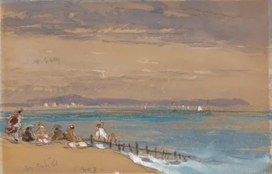 Beach Scene with Figures by a Breakwater