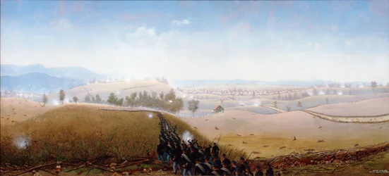 The 7th Maine advancing over bodies of Confederates in the 