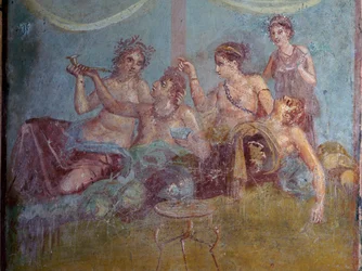 Fresco of Roman upper class in luxury enjoying life uncovered at Pompeii. Pompeii, Italy