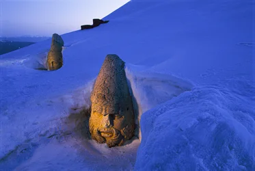 Funerary monuments of Nemrut Dagi buried in snow. Nemrut Dagi, Mount Nemrut, Turkey