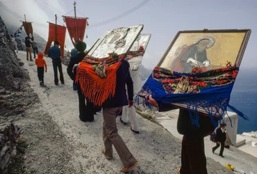 Icons are Processed from the Main Orthodox Church to the Cemetery, Olimbos, Karapti