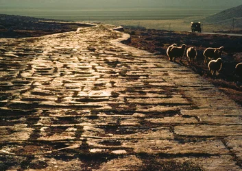 Modern Macadam Road Parallels Ancient Limestone Roman Road, Near Aleppo, Syria