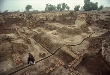 Overview of a pit filled with the remains of brick walls and a brick well