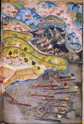 Pirates attack Nice, France held by the Roman Empire, in 1543. Topkapi Museum, Istanbul, Turkey